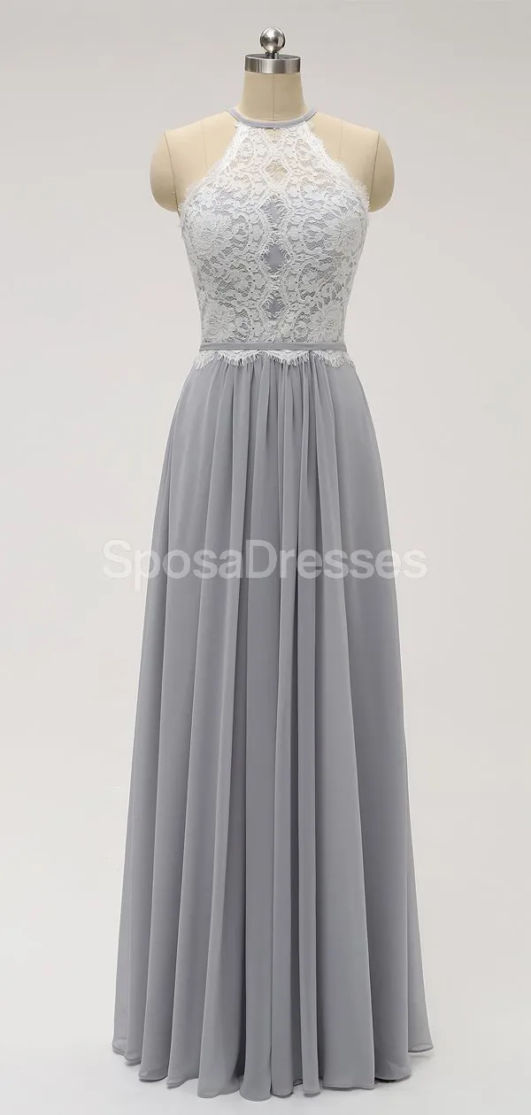 Halter Lace Long Chiffon Grey Cheap Bridesmaid Dresses Online, WG583