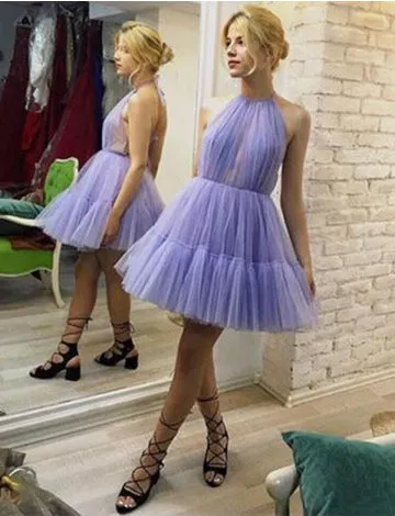 Halter Lavender A Line Tulle Short Unique Homecoming Dresses OKD84