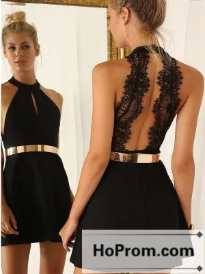 Halter Mini Black A-Line Prom Dresses Homecoming Dresses