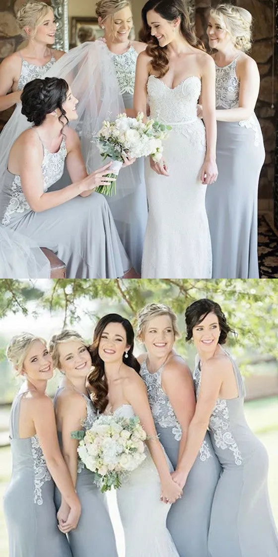 Halter Unique Lace Top Mermaid Cheap Long Grey Bridesmaid Dresses, BD0490