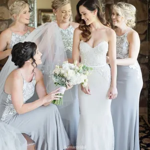 Halter Unique Lace Top Mermaid Cheap Long Grey Bridesmaid Dresses, BD0490