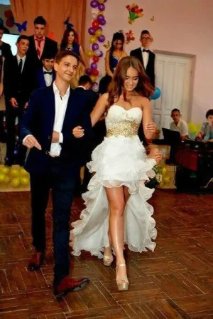 Hi-Lo Ruffles Prom Dresses,White Prom Dress,Evening Dress