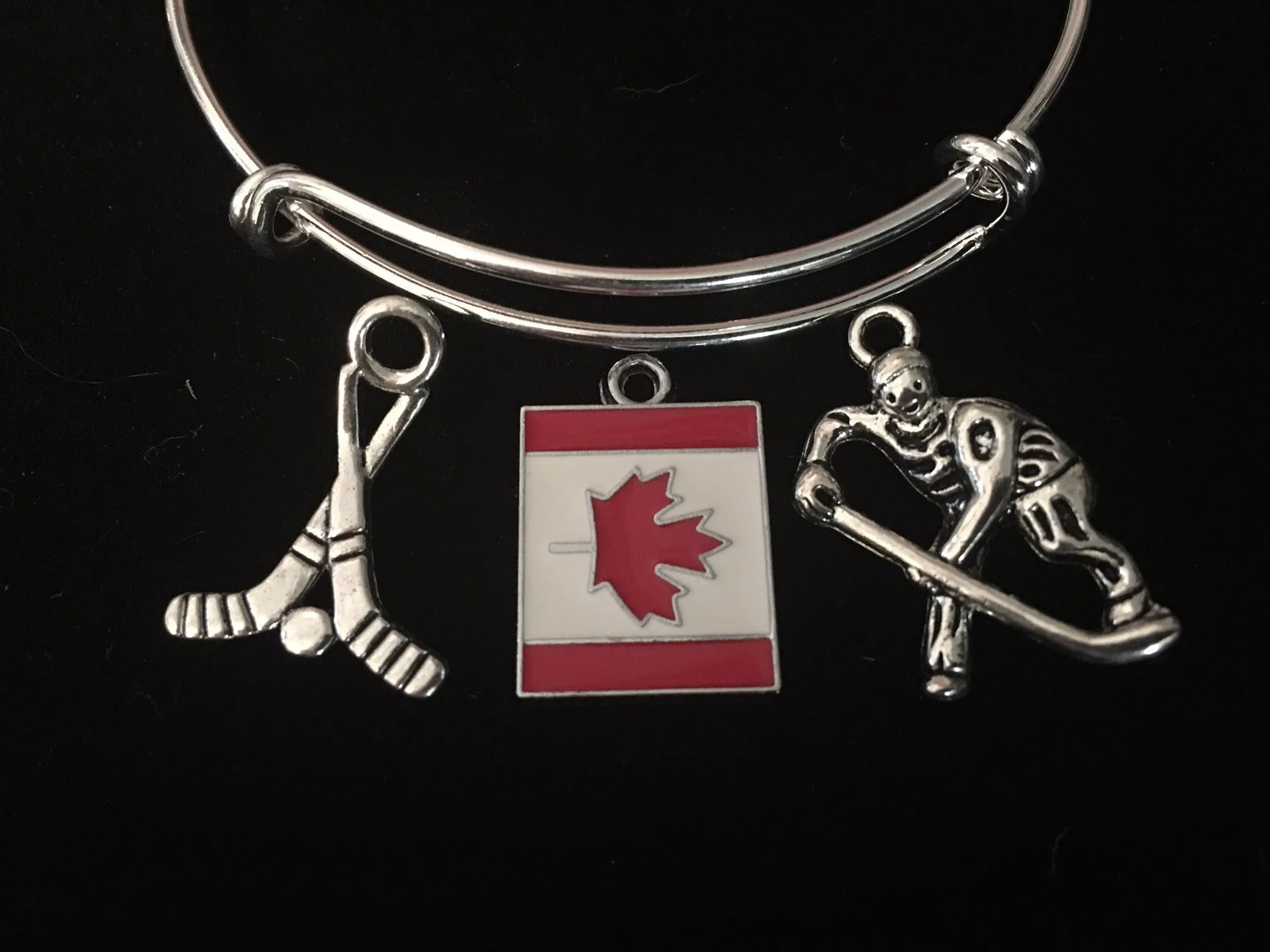 Hockey Canada Flag Expandable Charm Bracelet Silver Wire Adjustable Bangle Hockey Sticks Trendy Stacking Gift Sports