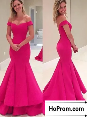 Hot Pink Off Shoulder Mermaid Prom Dresses Evening Dress