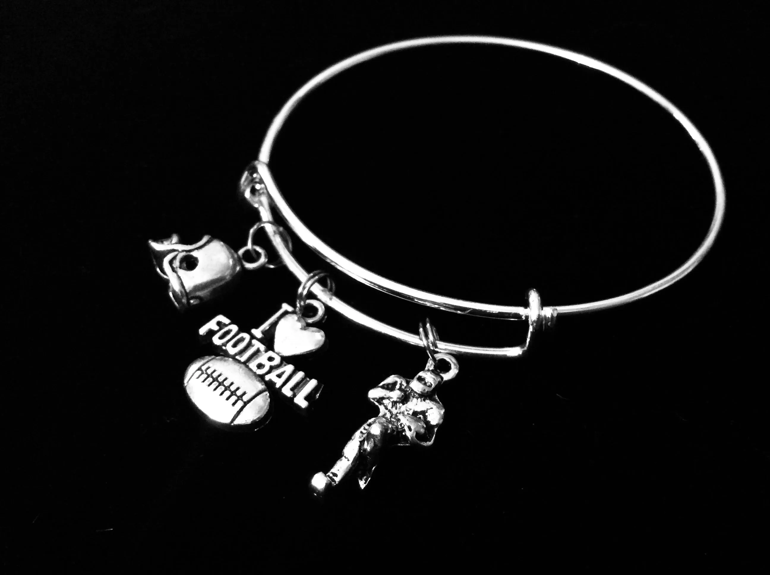 I Love Football Jewelry Expandable Silver Charm Bracelet Silver Adjustable Wire Bangle One Size Fits All Gift Trendy Sports Team Mom Gift Football Player Helmet