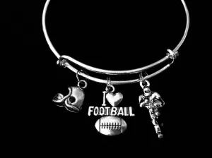 I Love Football Jewelry Expandable Silver Charm Bracelet Silver Adjustable Wire Bangle One Size Fits All Gift Trendy Sports Team Mom Gift Football Player Helmet
