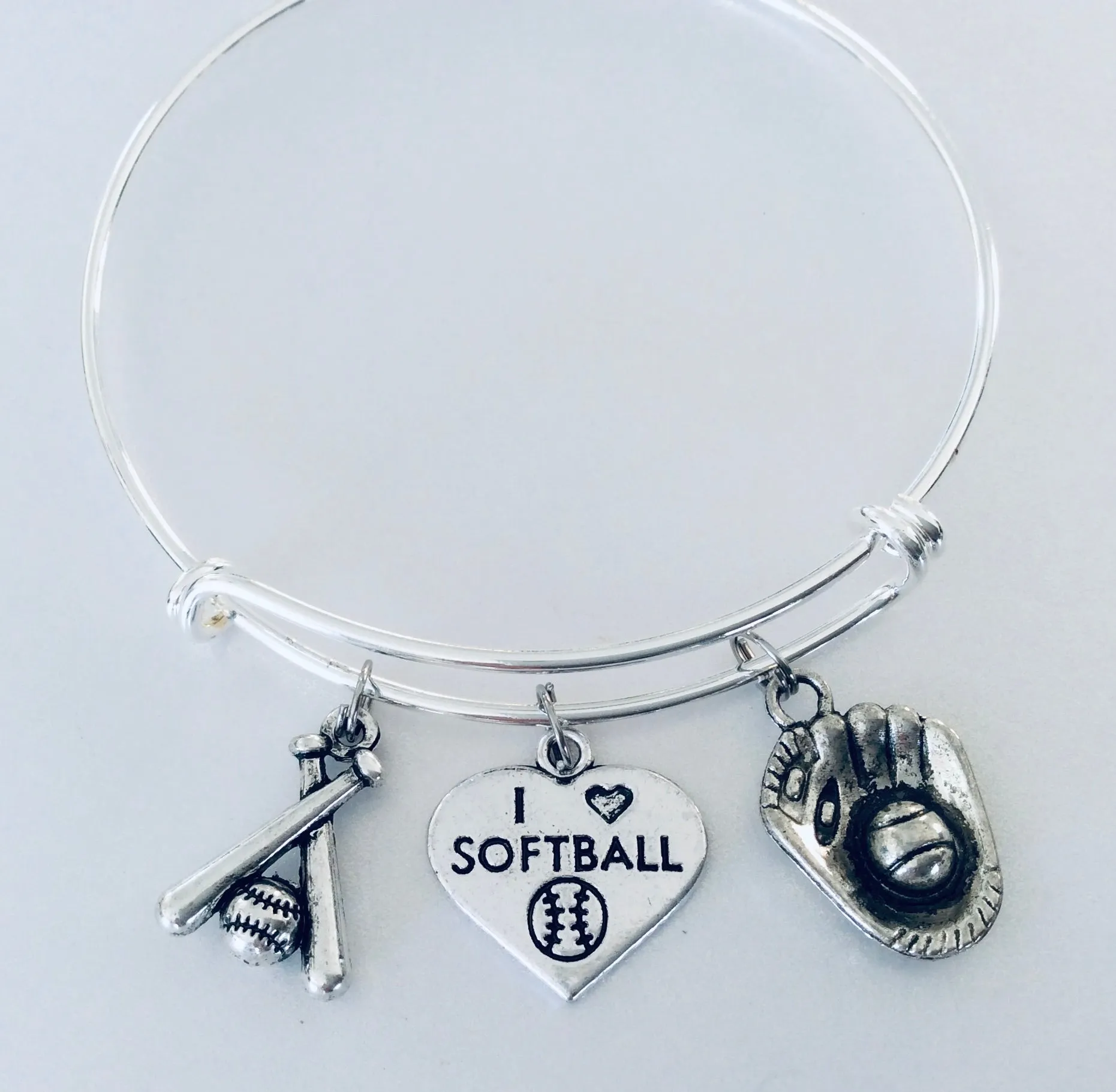 I Love Softball Bats Mitt Glove Expandable Charm Bracelet Adjustable Bangle Sports Team Coach Gift