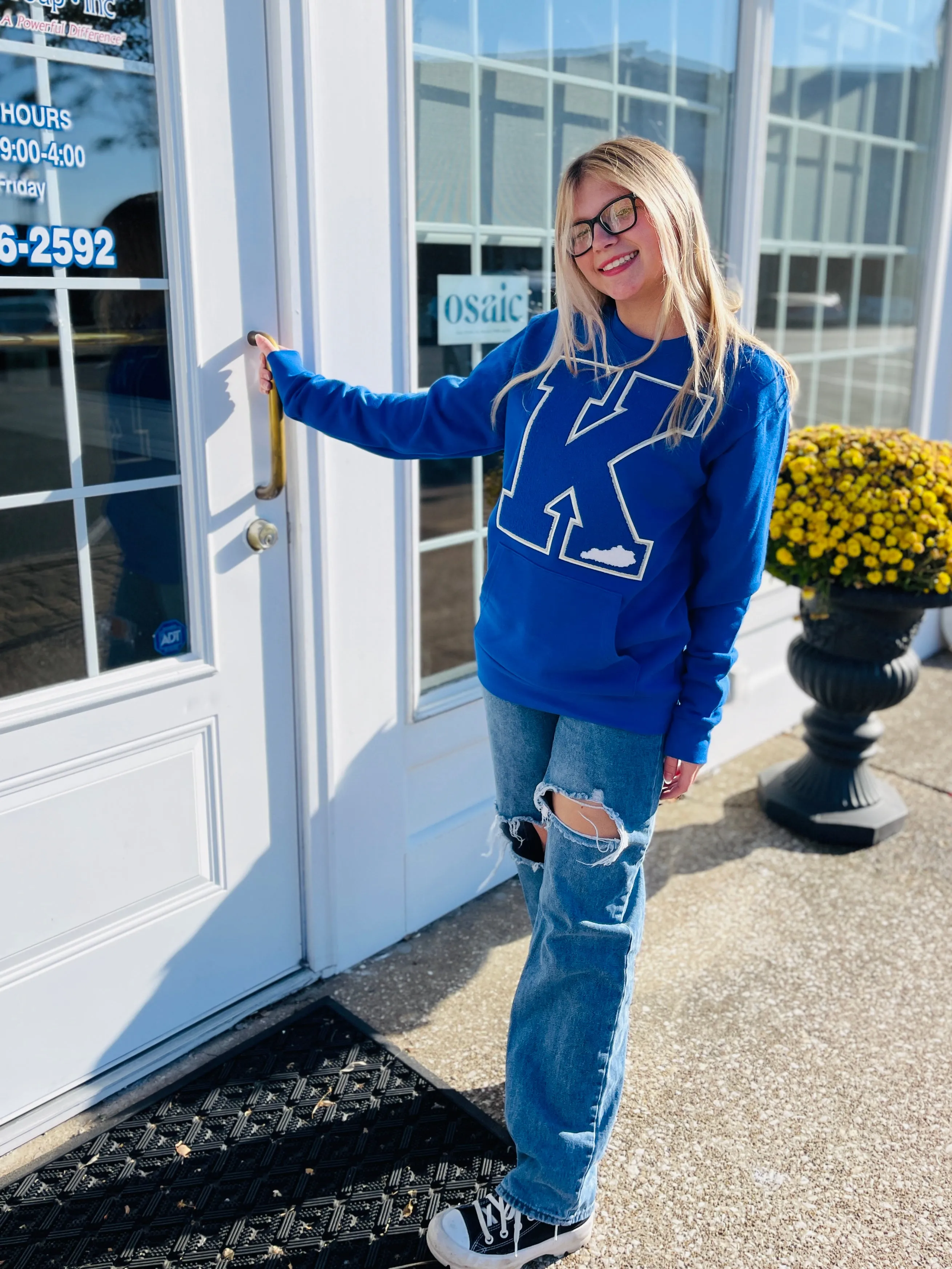 K Kentucky Chenille Patch Unisex Pocket Crew Sweatshirt