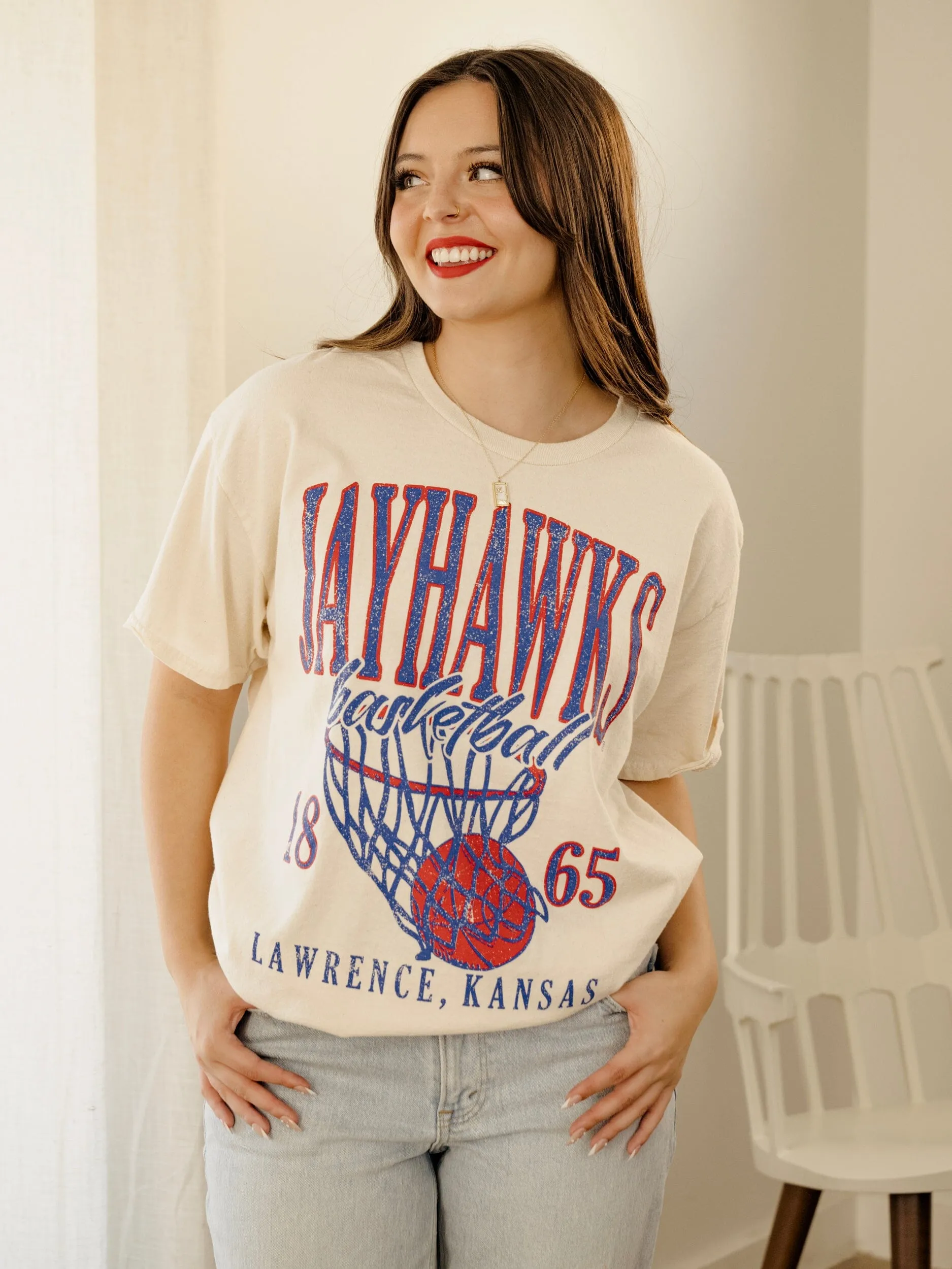 KU Jayhawks Big Basketball Off White Thrifted Tee