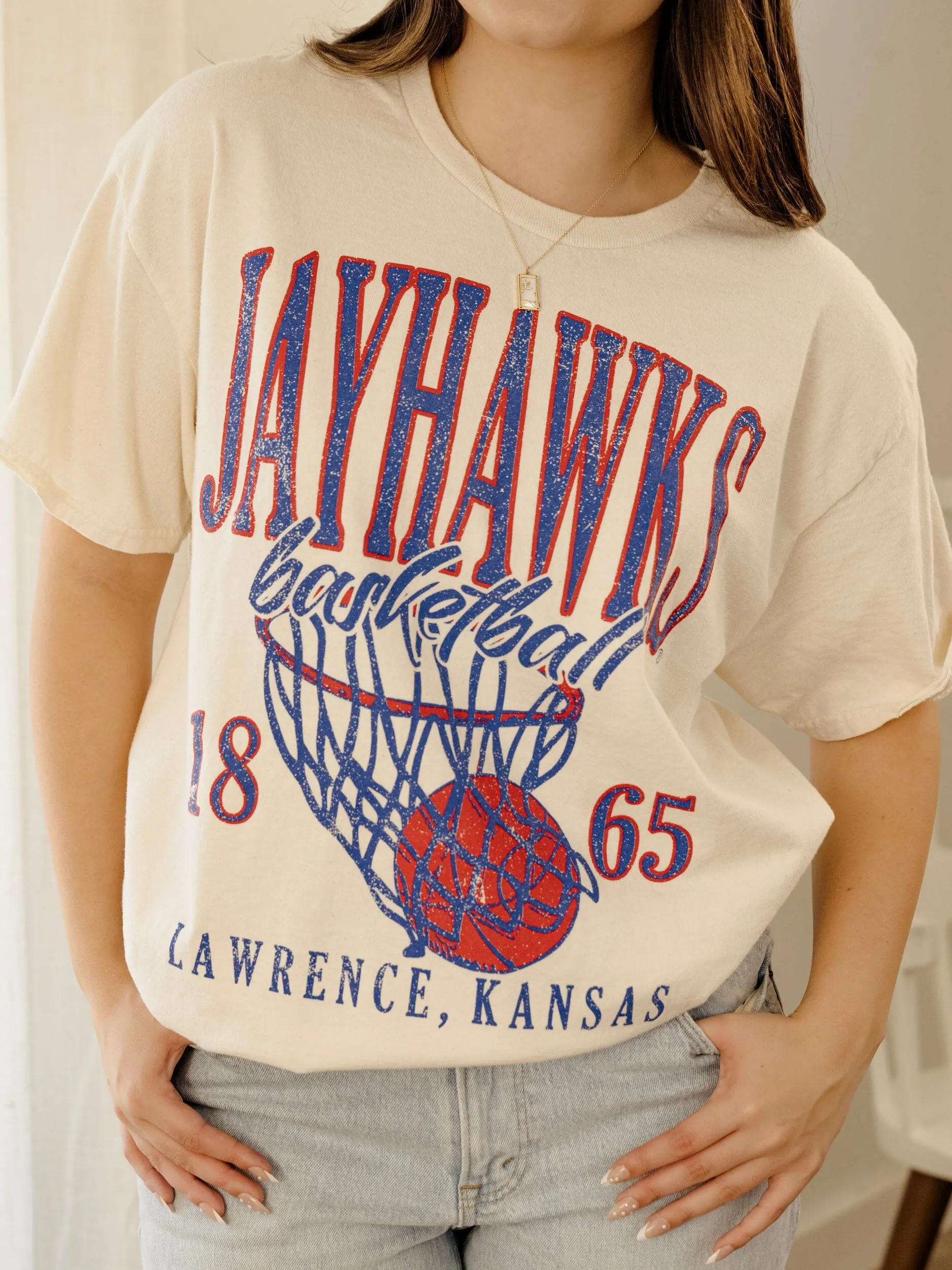 KU Jayhawks Big Basketball Off White Thrifted Tee