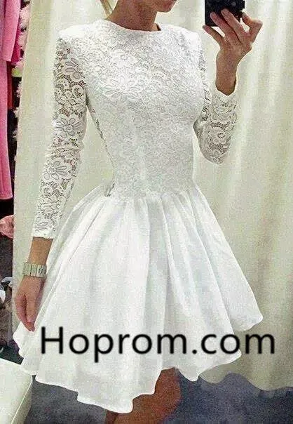 Lace Chiffon Homecoming Dress, White Long Sleeves Homecoming Dress
