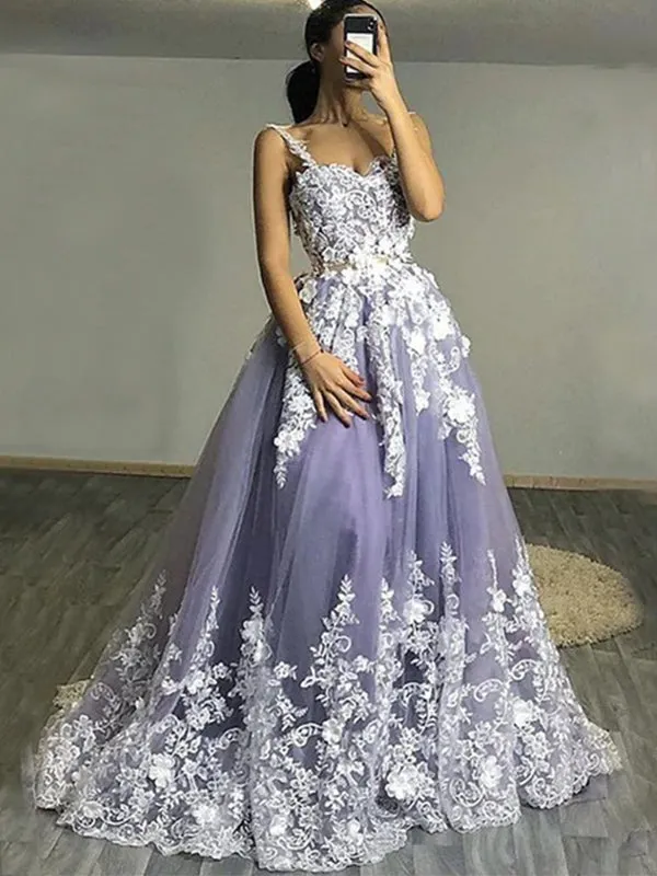 Lavender Spaghetti Strap Floral Lace A-line Long Prom Dress, PD3190