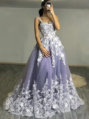 Lavender Spaghetti Strap Floral Lace A-line Long Prom Dress, PD3190