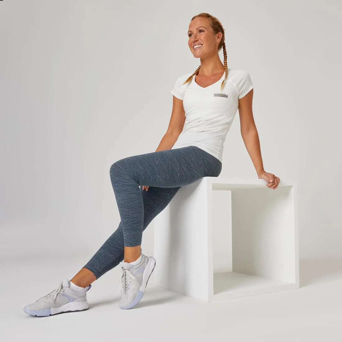 Legging 7/8 fitness femme Fit  - 500 Imprimé rose Fushia