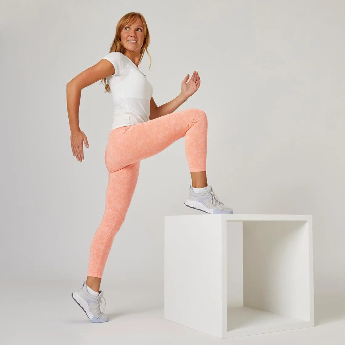 Legging 7/8 fitness femme Fit  - 500 Imprimé rose Fushia