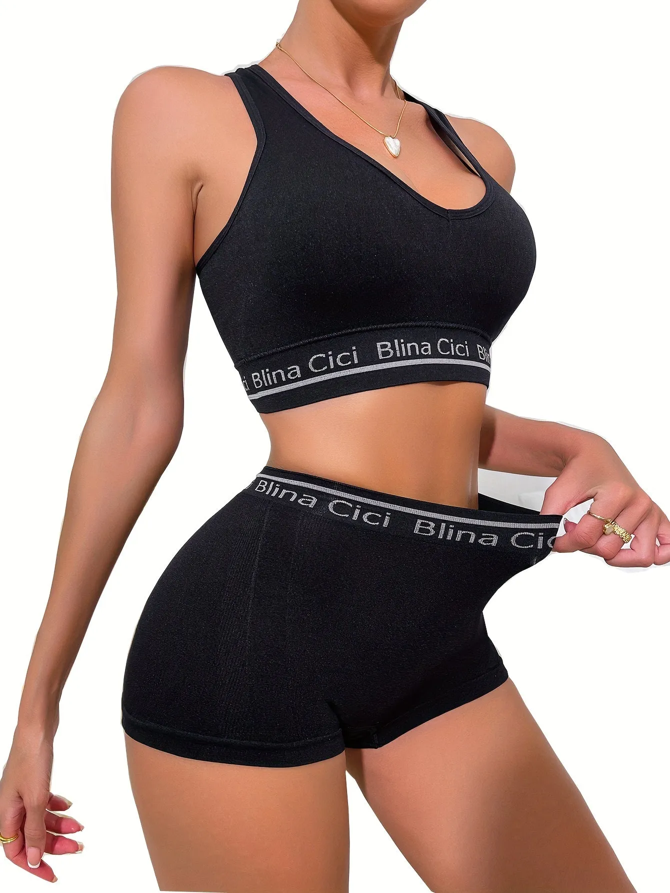 Letter Print Bra & Panties Set - Racerback Sports Bra & Elastic Panties, Women's Lingerie