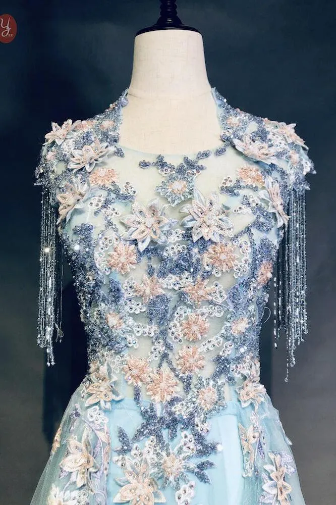 Light Blue Cap Sleeves Prom Dresses with Beading, Formal Evening Dress OKN42