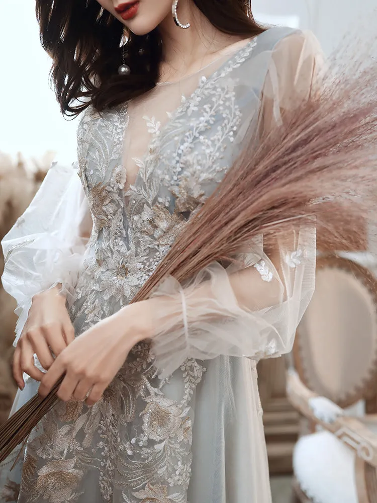 Light Blue Long New Style Tulle with Lace Party Dresses, Light Blue Prom Dresses