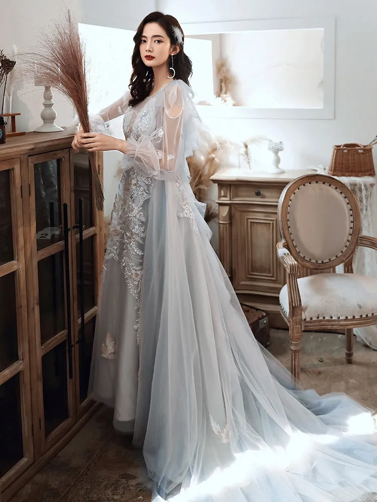 Light Blue Long New Style Tulle with Lace Party Dresses, Light Blue Prom Dresses