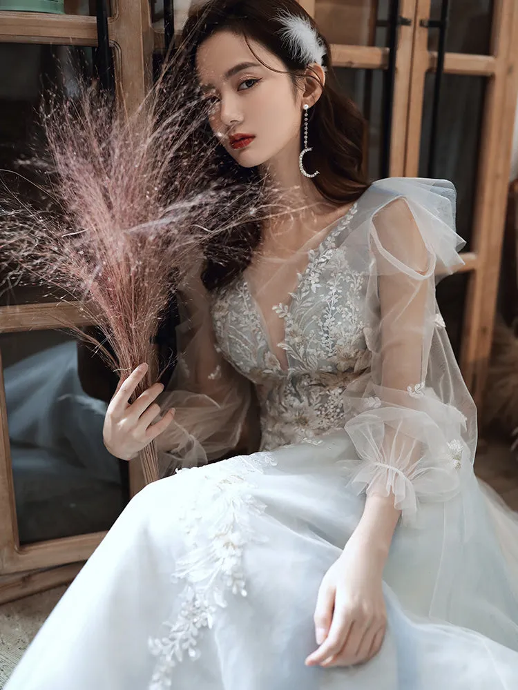 Light Blue Long New Style Tulle with Lace Party Dresses, Light Blue Prom Dresses