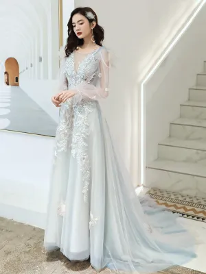 Light Blue Long New Style Tulle with Lace Party Dresses, Light Blue Prom Dresses