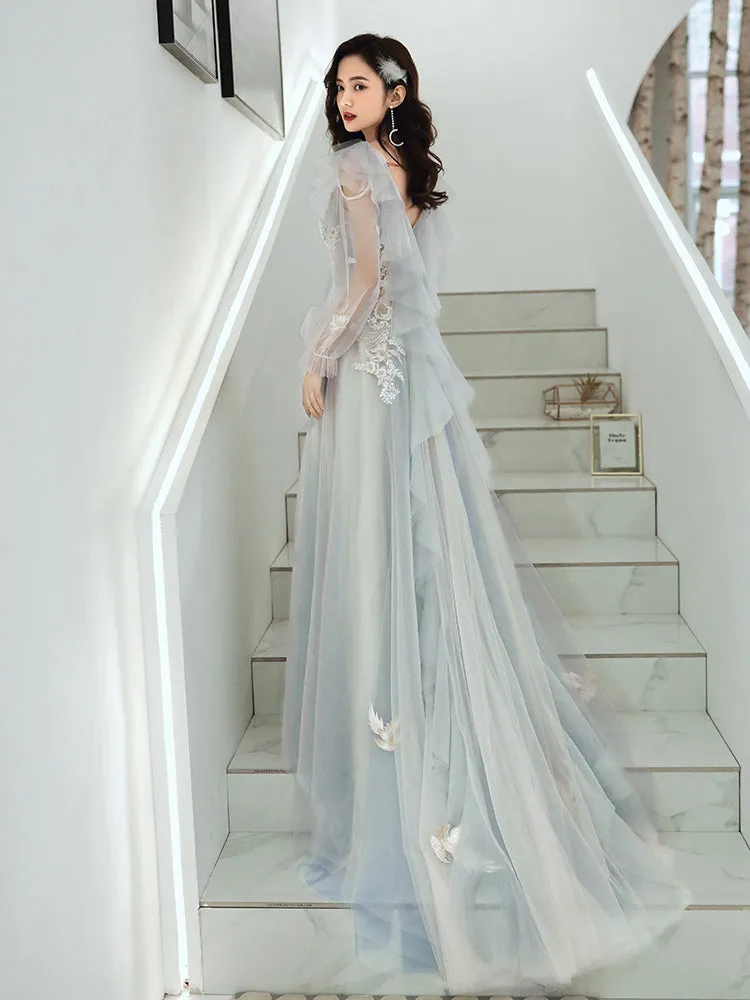 Light Blue Long New Style Tulle with Lace Party Dresses, Light Blue Prom Dresses
