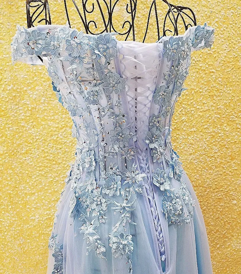 Light Blue Off Shoulder Tulle Lace Applique Party Dress, Blue Prom Dress