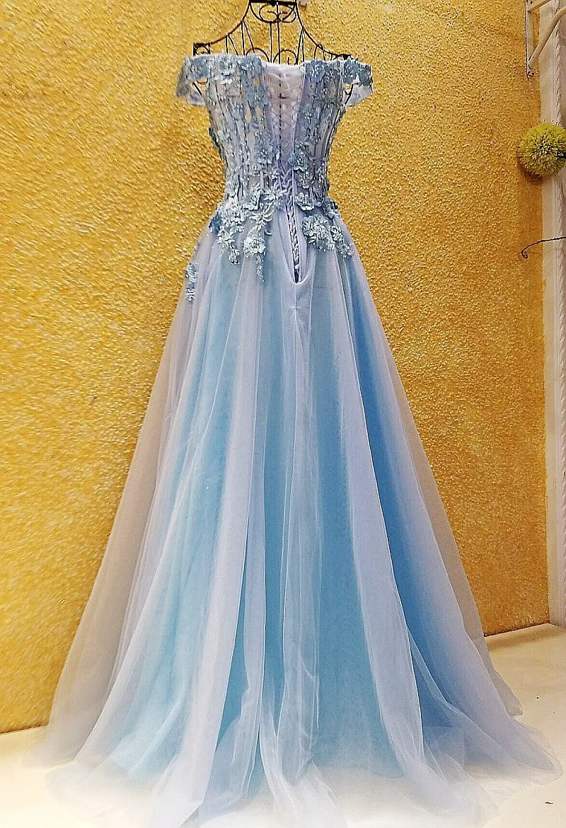 Light Blue Off Shoulder Tulle Lace Applique Party Dress, Blue Prom Dress