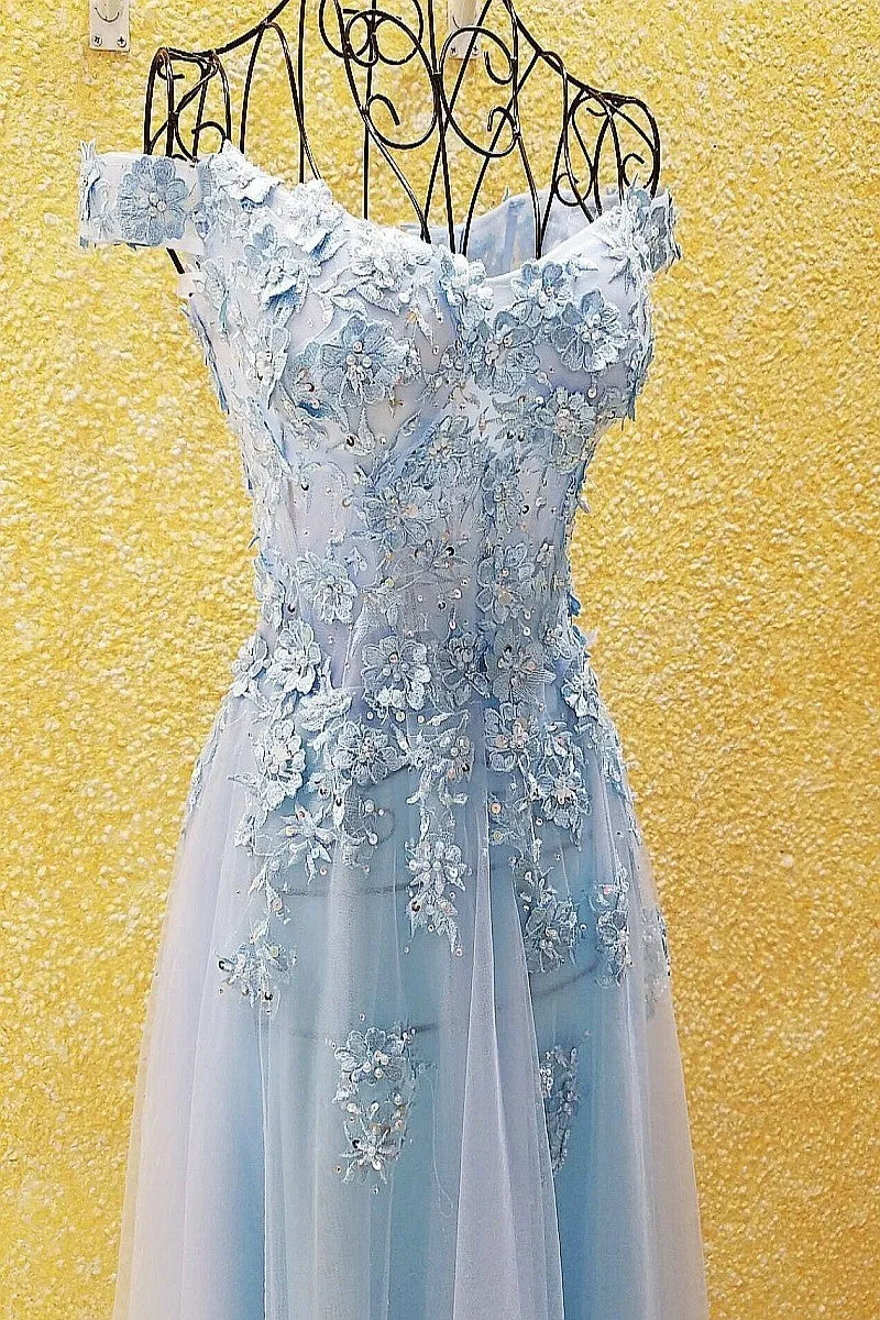 Light Blue Off Shoulder Tulle Lace Applique Party Dress, Blue Prom Dress