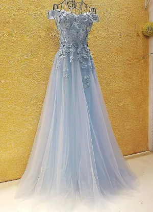 Light Blue Off Shoulder Tulle Lace Applique Party Dress, Blue Prom Dress