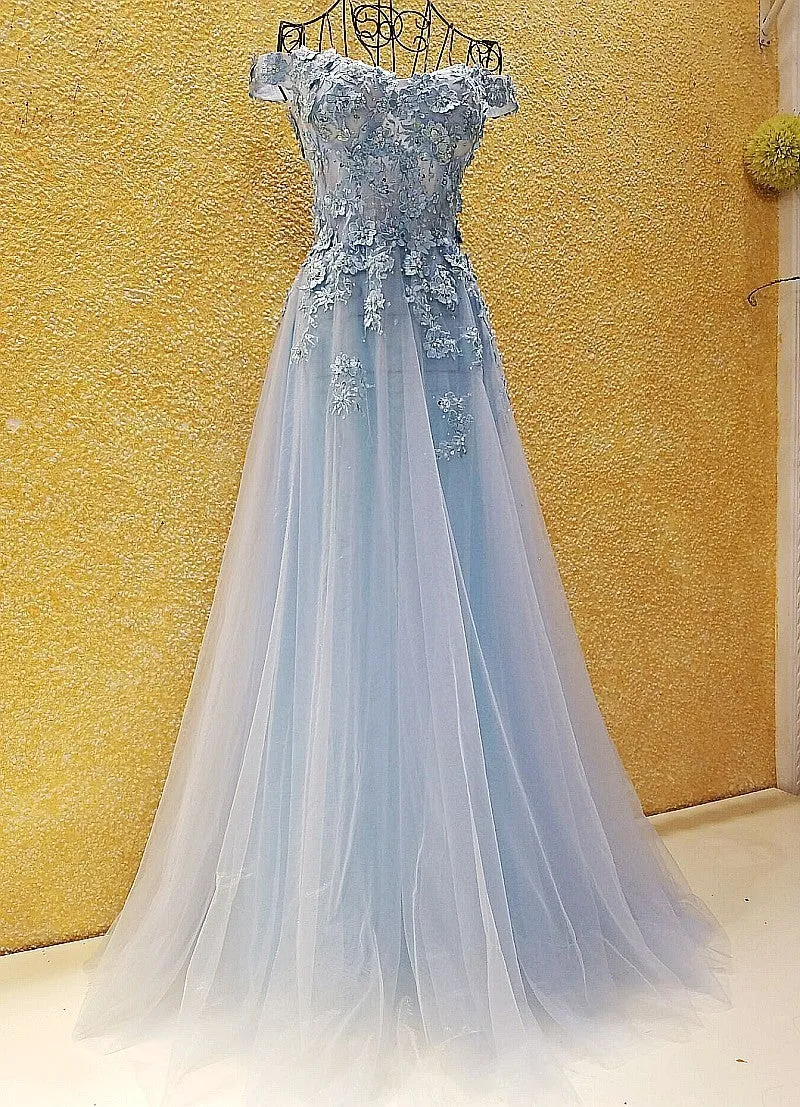 Light Blue Off Shoulder Tulle Lace Applique Party Dress, Blue Prom Dress