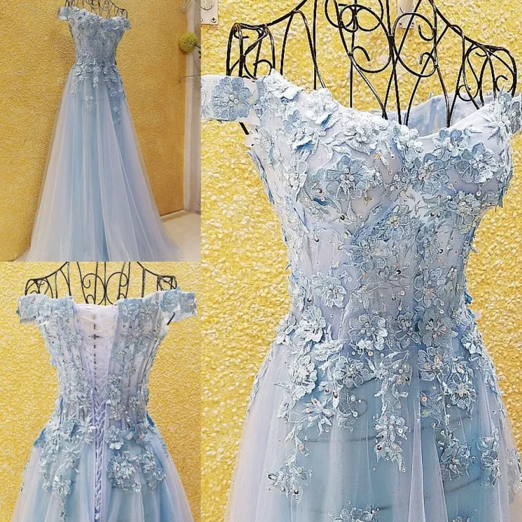 Light Blue Off Shoulder Tulle Lace Applique Party Dress, Blue Prom Dress