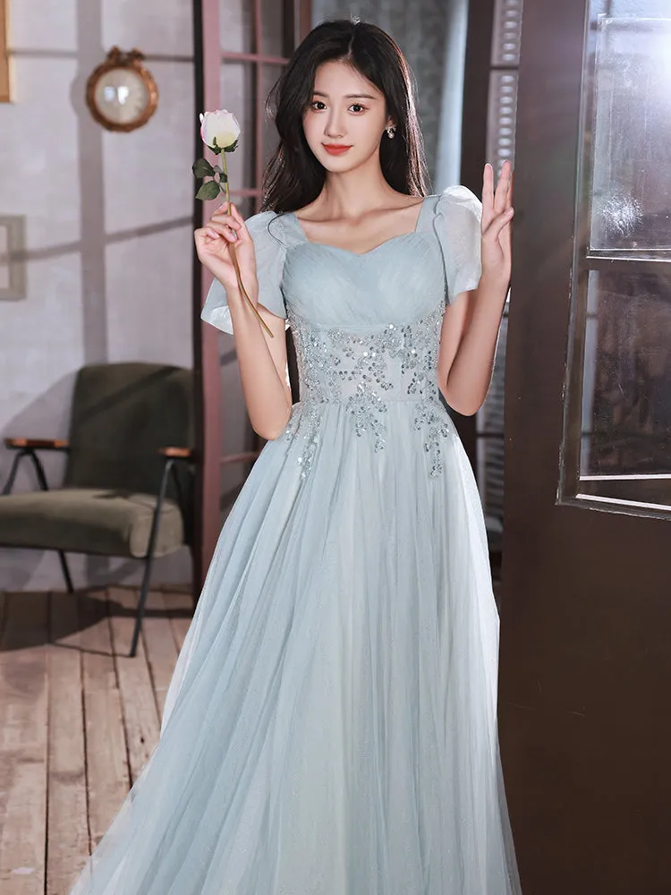 Light Blue Short Sleeves Beaded Tulle Long Formal Dress, Blue A-line Prom Dresses