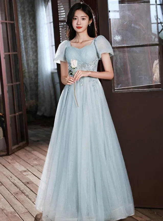 Light Blue Short Sleeves Beaded Tulle Long Formal Dress, Blue A-line Prom Dresses