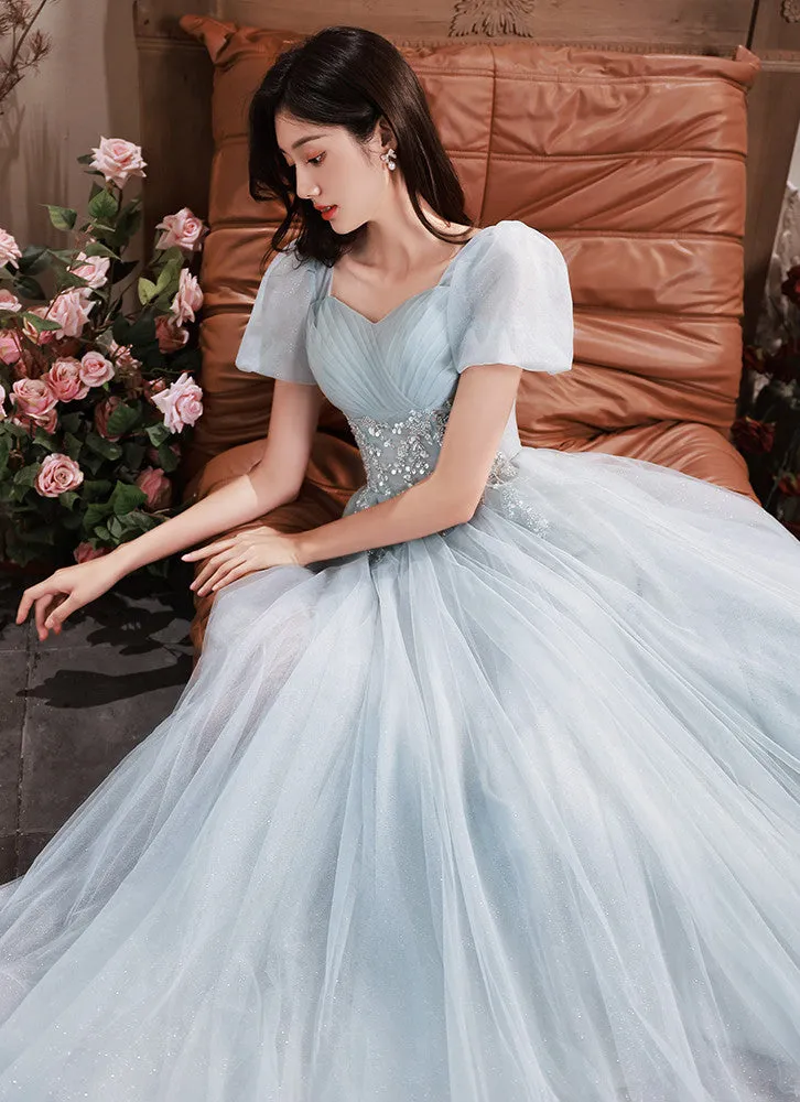 Light Blue Short Sleeves Beaded Tulle Long Formal Dress, Blue A-line Prom Dresses
