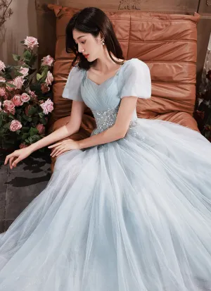 Light Blue Short Sleeves Beaded Tulle Long Formal Dress, Blue A-line Prom Dresses