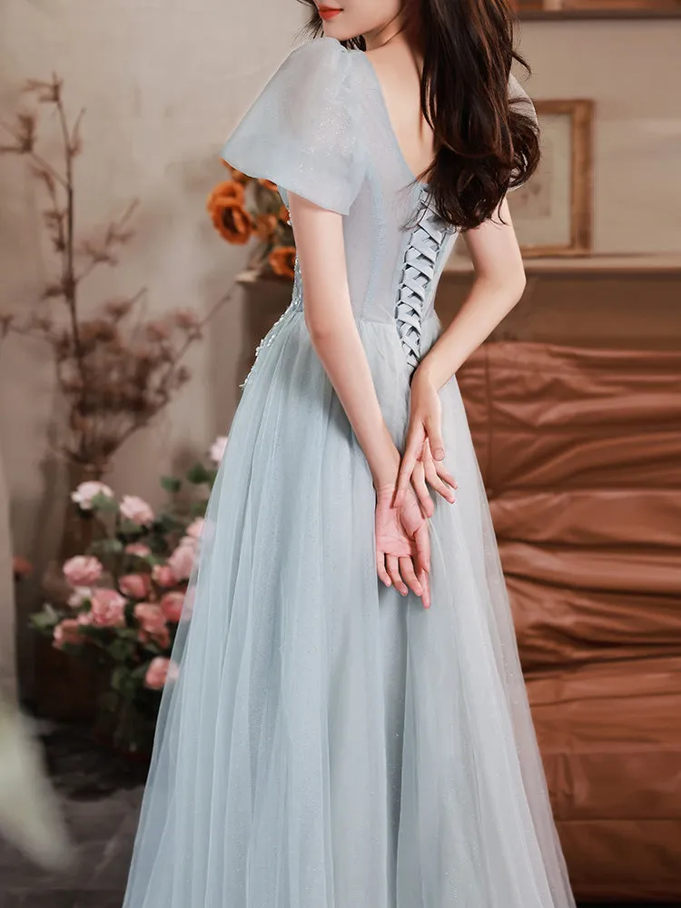 Light Blue Short Sleeves Beaded Tulle Long Formal Dress, Blue A-line Prom Dresses