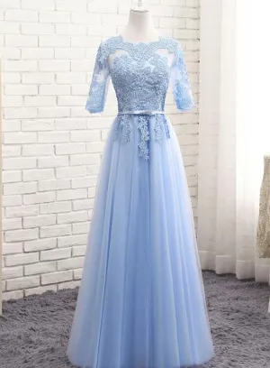 Light Blue Short Sleeves Lace Wedding Party Dresses, Blue Bridesmaid Dresses, Formal Dress
