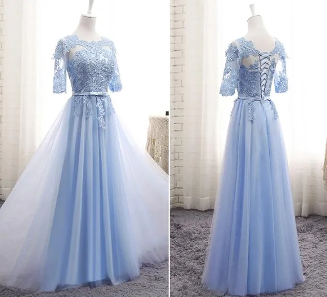 Light Blue Short Sleeves Lace Wedding Party Dresses, Blue Bridesmaid Dresses, Formal Dress