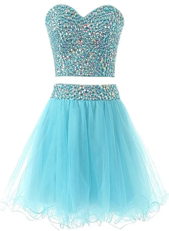 Light Blue Sparkle Beaded Two Piece Homecoming Dresses, Beautiful Short Party Dress