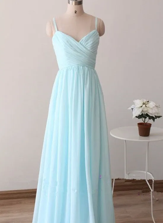 Light Blue Straps Long Prom Dresses, Light Blue Bridesmaid Dresses, Chiffon Party Dresses
