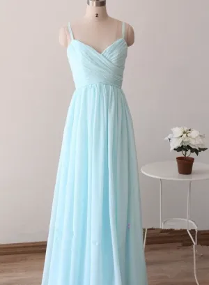Light Blue Straps Long Prom Dresses, Light Blue Bridesmaid Dresses, Chiffon Party Dresses