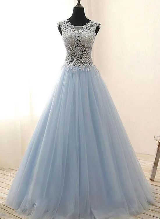 Light Blue Tulle with Lace Floor Length Party Dress, Blue Prom Dress