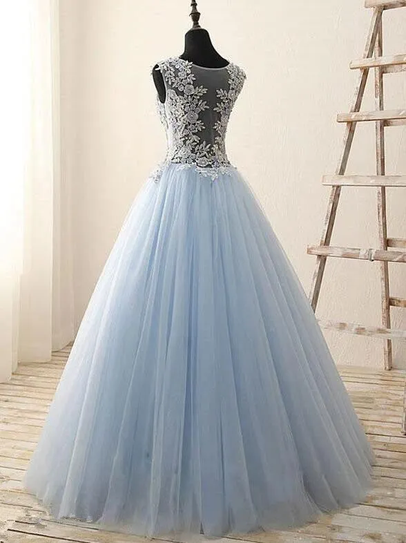 Light Blue Tulle with Lace Floor Length Party Dress, Blue Prom Dress