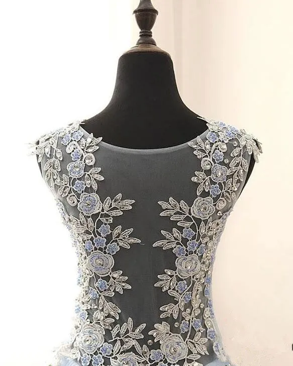 Light Blue Tulle with Lace Floor Length Party Dress, Blue Prom Dress