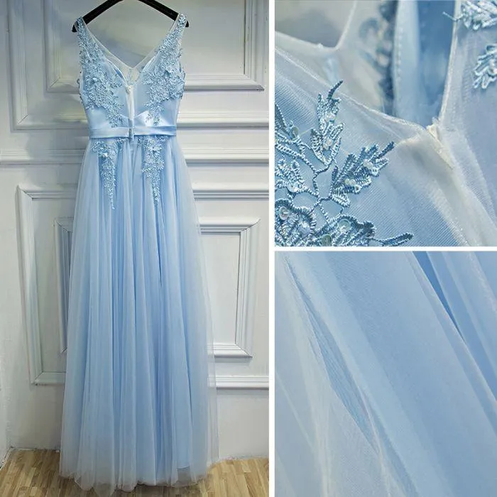 Light Blue V-neckline Charming Prom Gowns, Blue Formal Dress with Belt, Lovely Gowns