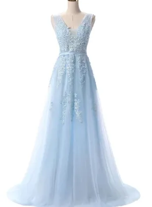 Light Blue V-neckline Tulle with Lace Applique Long Dress, Prom Dress