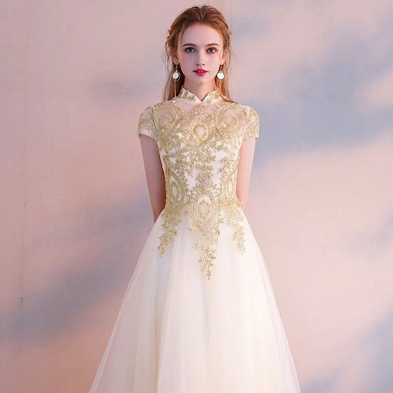 Light Champagne Cute Tulle High Neckline with Gold Lace, Lovely Long Party Dresses Formal Dresses
