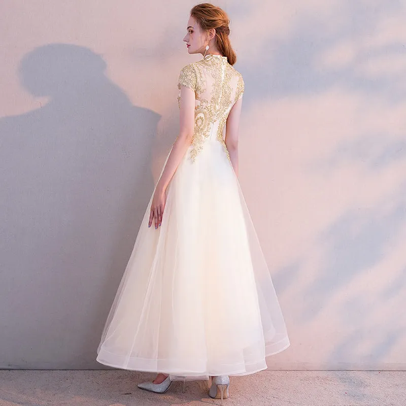 Light Champagne Cute Tulle High Neckline with Gold Lace, Lovely Long Party Dresses Formal Dresses