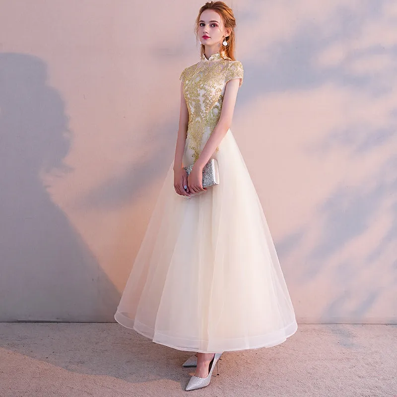 Light Champagne Cute Tulle High Neckline with Gold Lace, Lovely Long Party Dresses Formal Dresses